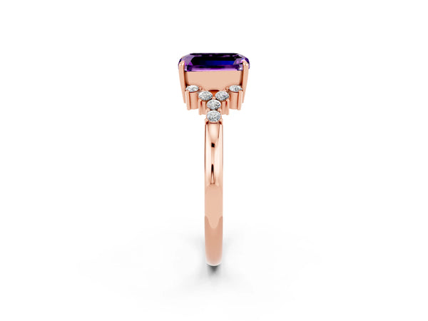 Rose gold Emerald Cut Amethyst Ring with Side Stones and Four-Prong Setting