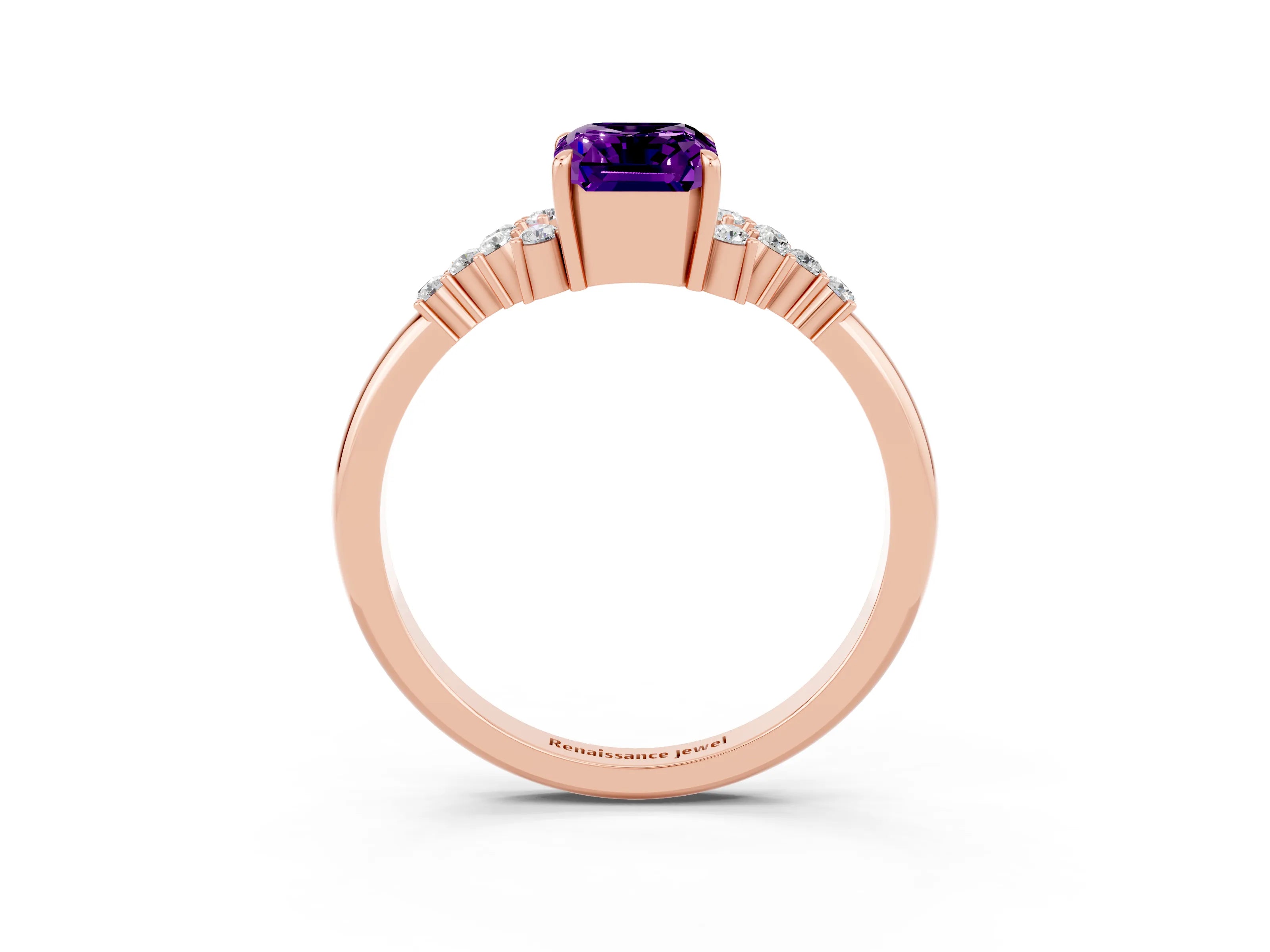 Rose gold Emerald Cut Amethyst Ring with Side Stones and Four-Prong Setting_39