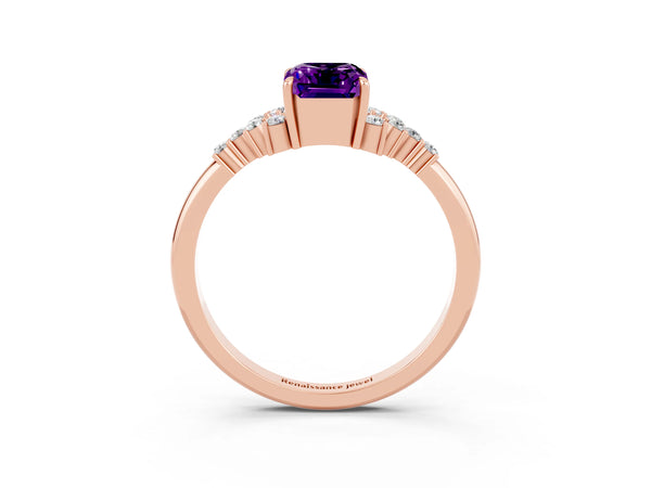 Rose gold Emerald Cut Amethyst Ring with Side Stones and Four-Prong Setting