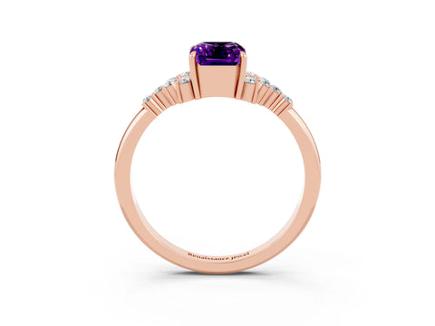 Rose gold Emerald Cut Amethyst Ring with Side Stones and Four-Prong Setting_39