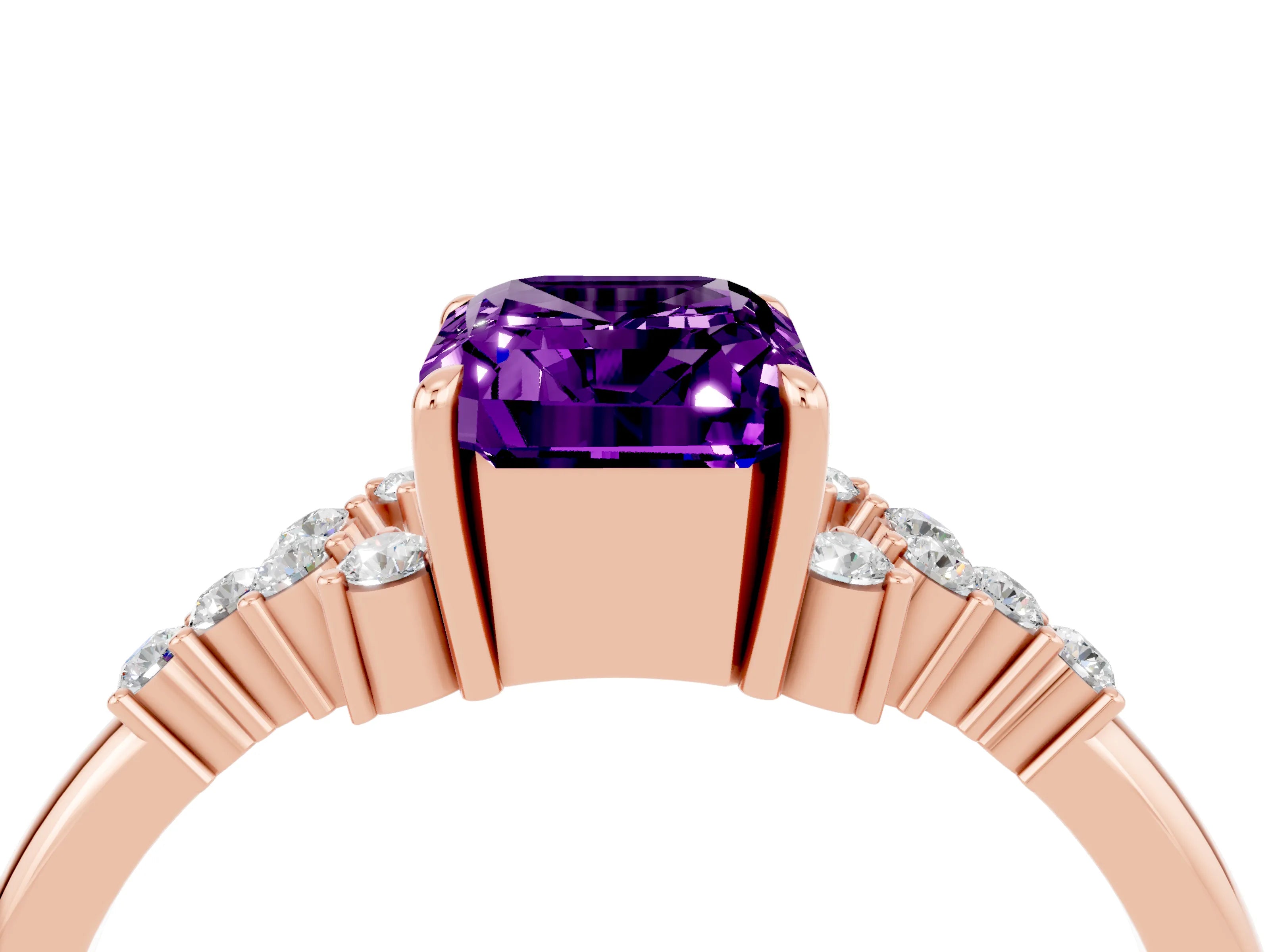 Rose gold Emerald Cut Amethyst Ring with Side Stones and Four-Prong Setting_40