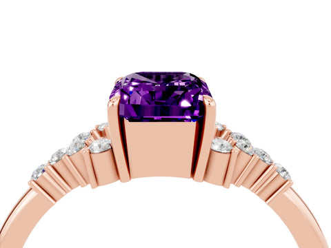 Rose gold Emerald Cut Amethyst Ring with Side Stones and Four-Prong Setting_40
