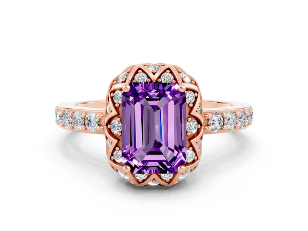 Rose gold Emerald Cut Amethyst Scalloped Halo Engagement Ring with Round Shared Prong Band