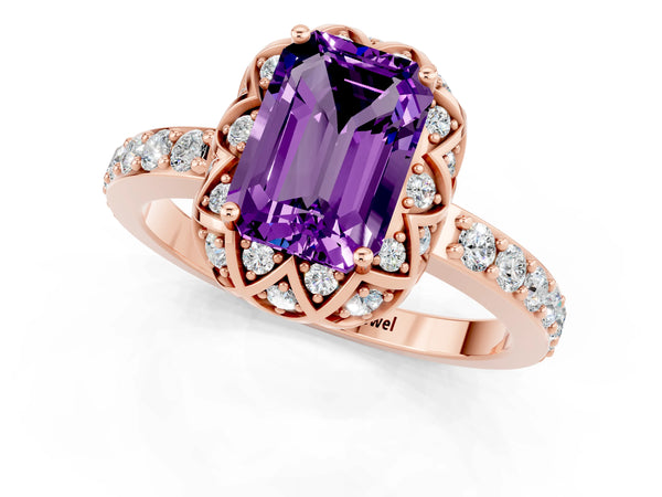 Rose gold Emerald Cut Amethyst Scalloped Halo Engagement Ring with Round Shared Prong Band