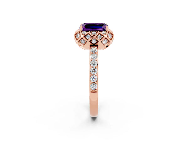 Rose gold Emerald Cut Amethyst Scalloped Halo Engagement Ring with Round Shared Prong Band