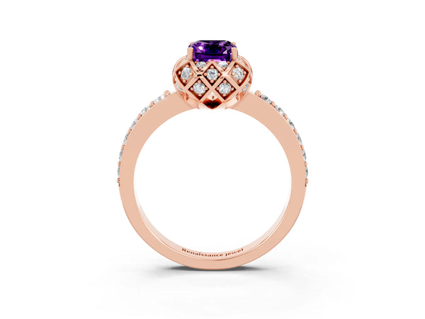 Rose gold Emerald Cut Amethyst Scalloped Halo Engagement Ring with Round Shared Prong Band