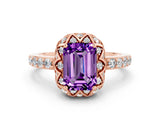 Rose gold Emerald Cut Amethyst Scalloped Halo Engagement Ring with Round Shared Prong Band_24
