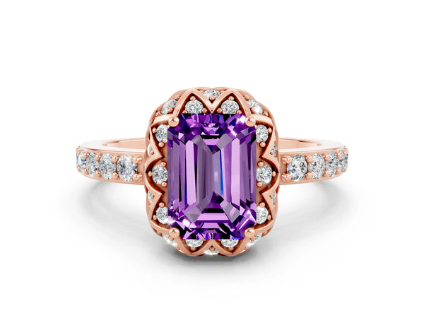 Rose gold Emerald Cut Amethyst Scalloped Halo Engagement Ring with Round Shared Prong Band