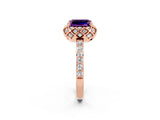 Rose gold Emerald Cut Amethyst Scalloped Halo Engagement Ring with Round Shared Prong Band_26