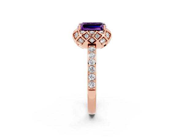 Rose gold Emerald Cut Amethyst Scalloped Halo Engagement Ring with Round Shared Prong Band