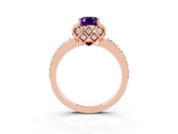 Rose gold Emerald Cut Amethyst Scalloped Halo Engagement Ring with Round Shared Prong Band