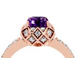 Rose gold Emerald Cut Amethyst Scalloped Halo Engagement Ring with Round Shared Prong Band_28