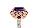 Rose gold Emerald Cut Amethyst Scalloped Halo Engagement Ring with Round Shared Prong Band_29