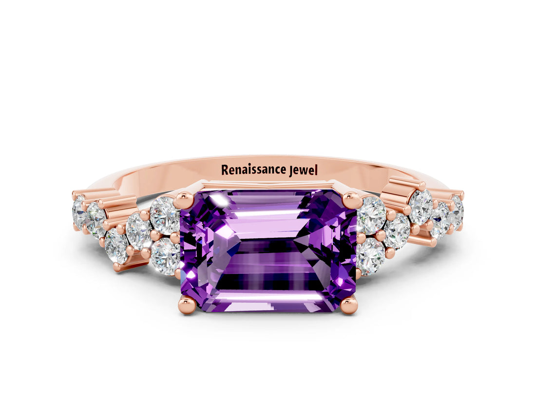 Rose gold Emerald Cut Amethyst Scattered Round Accent Ring with Prong Setting_12