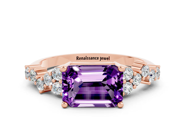 Rose gold Emerald Cut Amethyst Scattered Round Accent Ring with Prong Setting