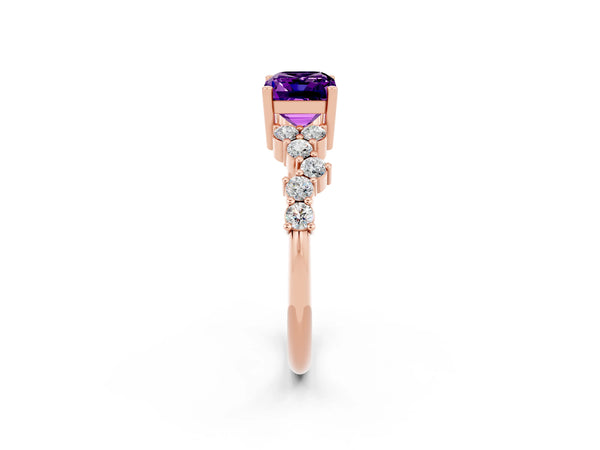 Rose gold Emerald Cut Amethyst Scattered Round Accent Ring with Prong Setting