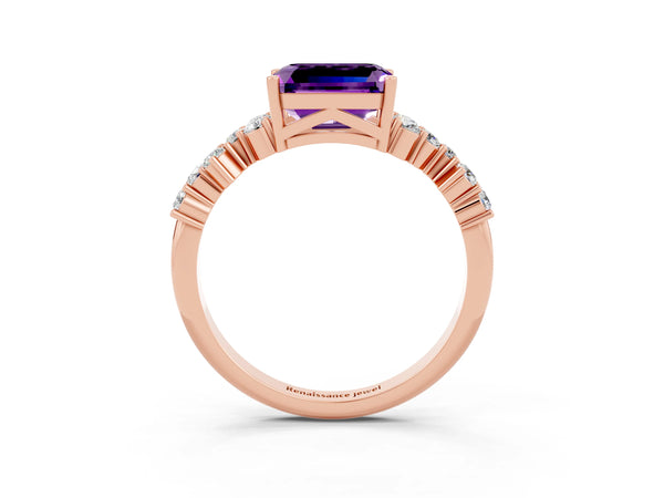 Rose gold Emerald Cut Amethyst Scattered Round Accent Ring with Prong Setting