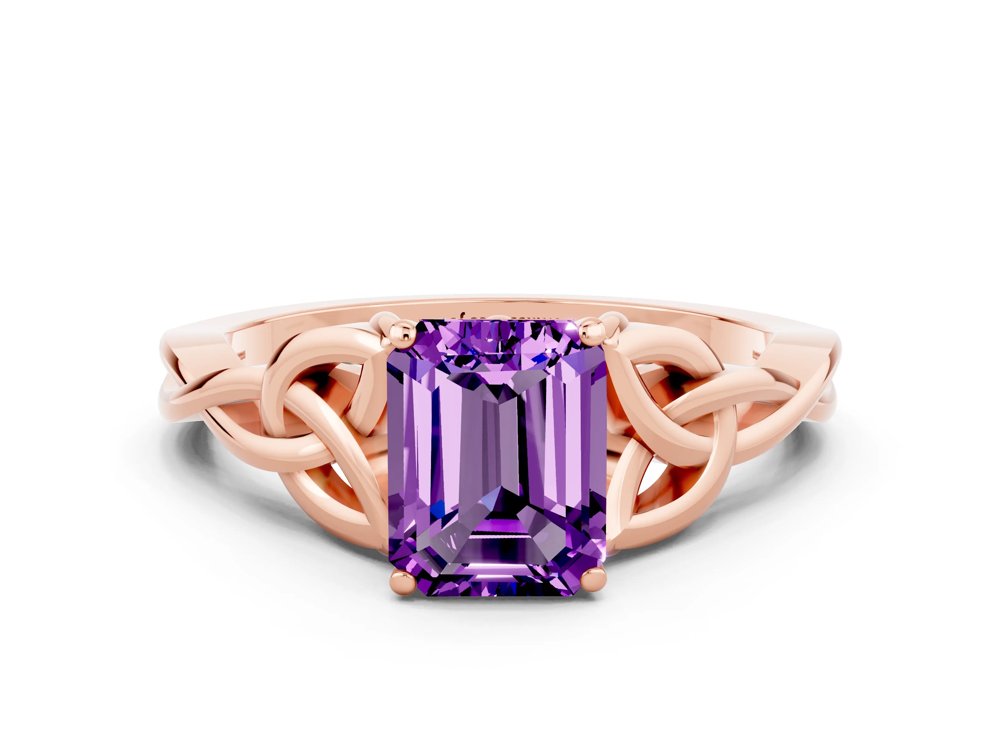 Rose gold Emerald Cut Amethyst Solitaire Celtic Knot Ring with Four-Prong Setting_12