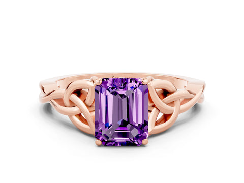 Rose gold Emerald Cut Amethyst Solitaire Celtic Knot Ring with Four-Prong Setting_12
