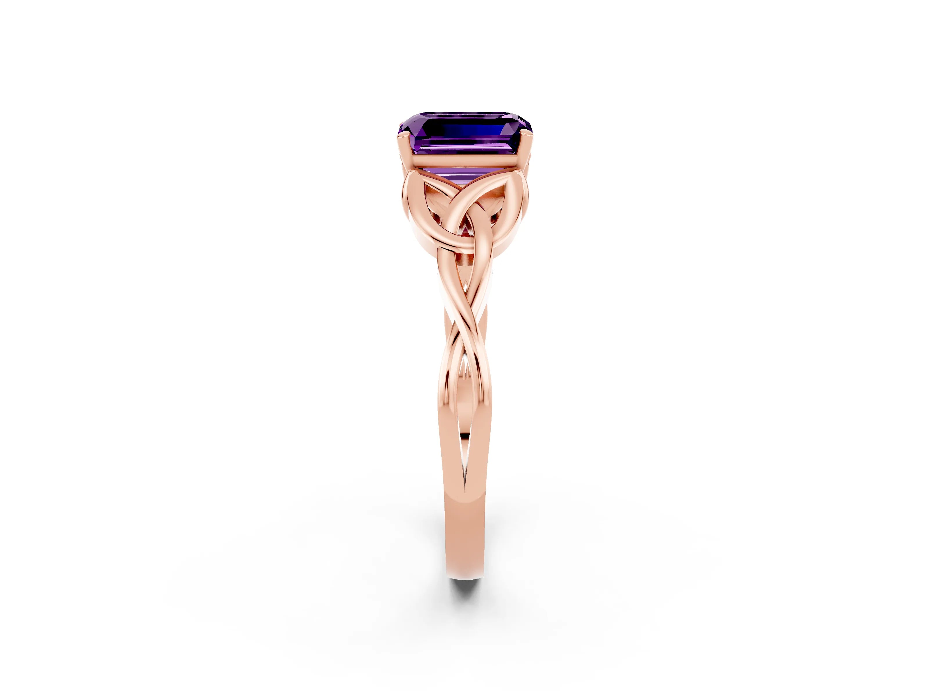 Rose gold Emerald Cut Amethyst Solitaire Celtic Knot Ring with Four-Prong Setting_14