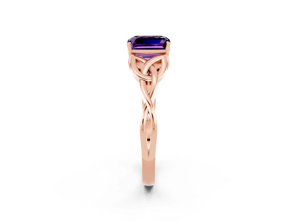 Rose gold Emerald Cut Amethyst Solitaire Celtic Knot Ring with Four-Prong Setting