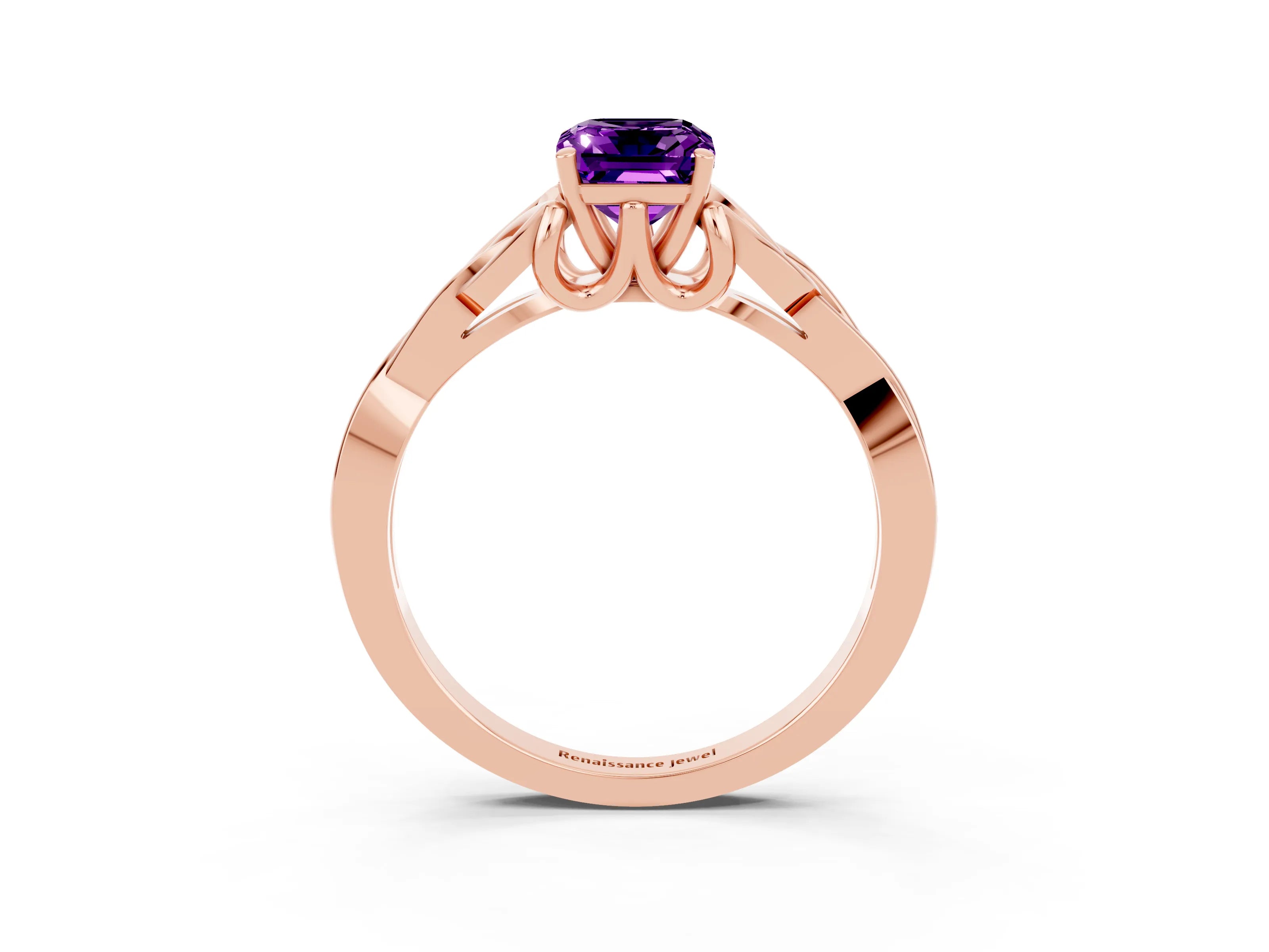 Rose gold Emerald Cut Amethyst Solitaire Celtic Knot Ring with Four-Prong Setting_15