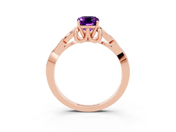 Rose gold Emerald Cut Amethyst Solitaire Celtic Knot Ring with Four-Prong Setting