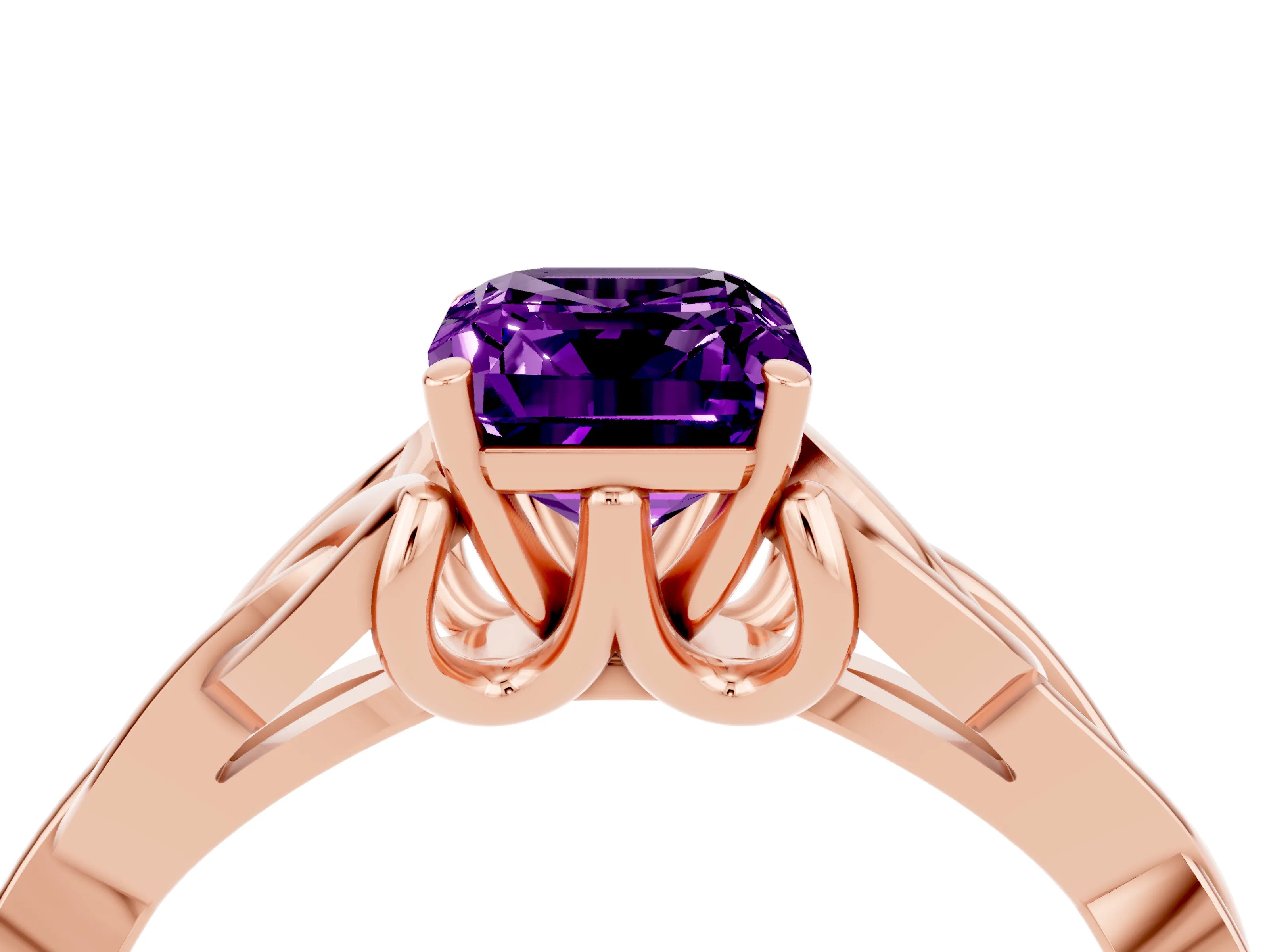 Rose gold Emerald Cut Amethyst Solitaire Celtic Knot Ring with Four-Prong Setting_16