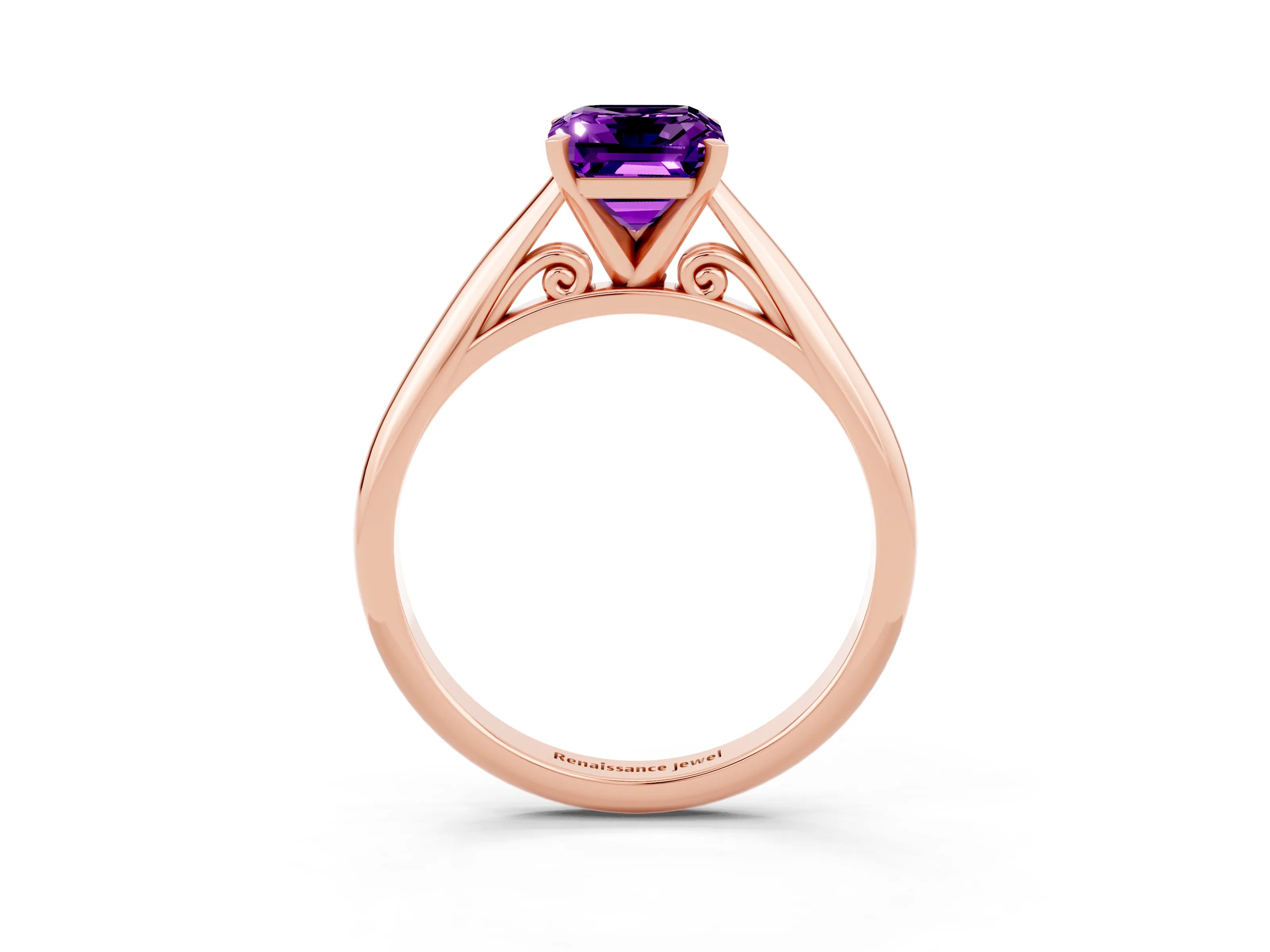 Rose gold Emerald Cut Amethyst Solitaire Engagement Ring with Cathedral Setting and Four-Prong Mount_15