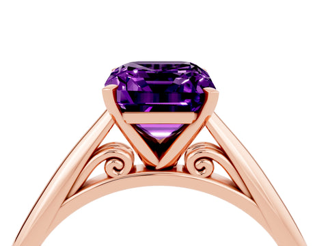 Rose gold Emerald Cut Amethyst Solitaire Engagement Ring with Cathedral Setting and Four-Prong Mount_16