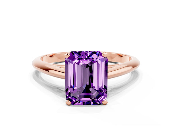 Rose gold Emerald Cut Amethyst Solitaire Engagement Ring with Cathedral Setting and Four-Prong Mount