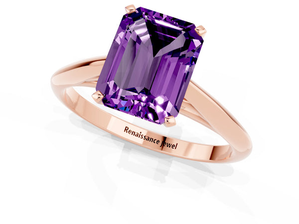 Rose gold Emerald Cut Amethyst Solitaire Engagement Ring with Cathedral Setting and Four-Prong Mount