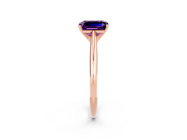 Rose gold Emerald Cut Amethyst Solitaire Engagement Ring with Cathedral Setting and Four-Prong Mount