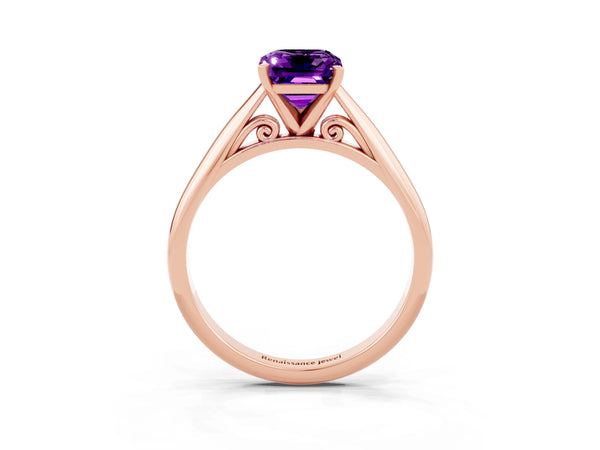 Rose gold Emerald Cut Amethyst Solitaire Engagement Ring with Cathedral Setting and Four-Prong Mount