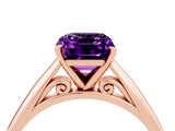Rose gold Emerald Cut Amethyst Solitaire Engagement Ring with Cathedral Setting and Four-Prong Mount_76