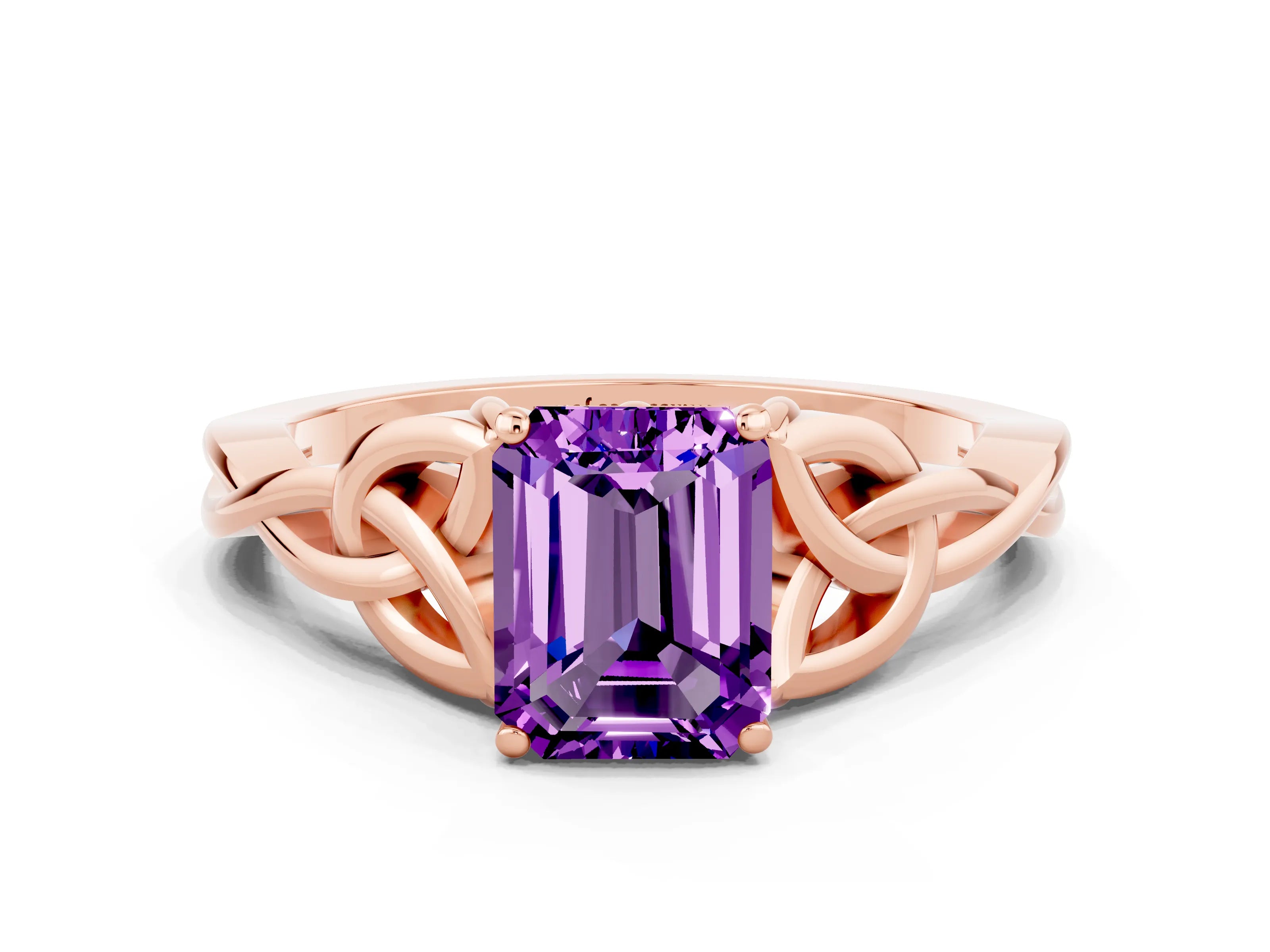 Rose gold Emerald Cut Amethyst Solitaire Engagement Ring with Celtic Knot Band and Four-Prong Setting