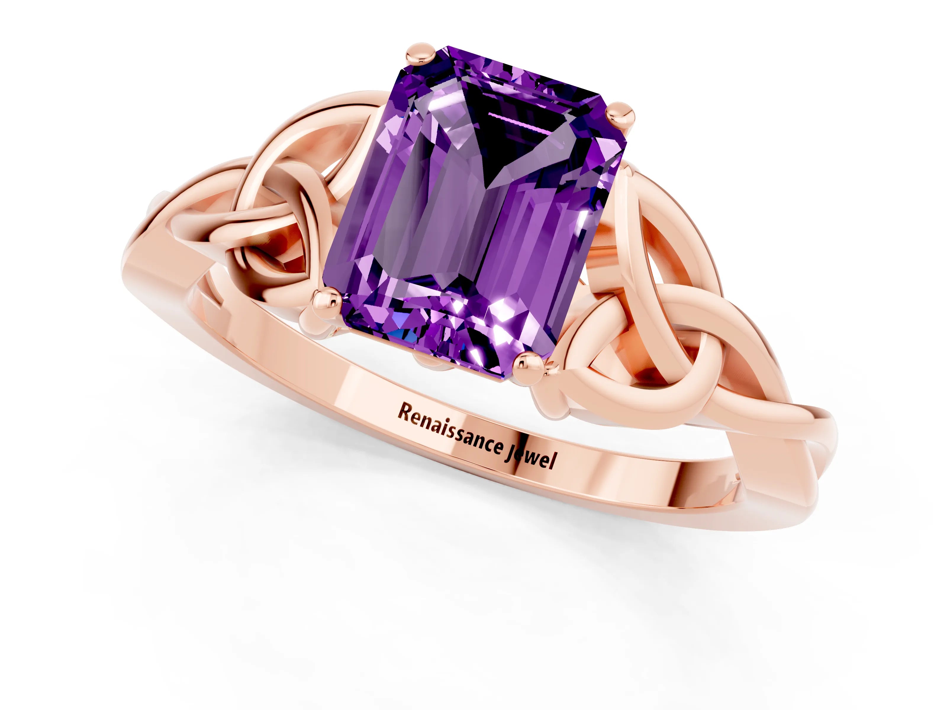 Rose gold Emerald Cut Amethyst Solitaire Engagement Ring with Celtic Knot Band and Four-Prong Setting_1