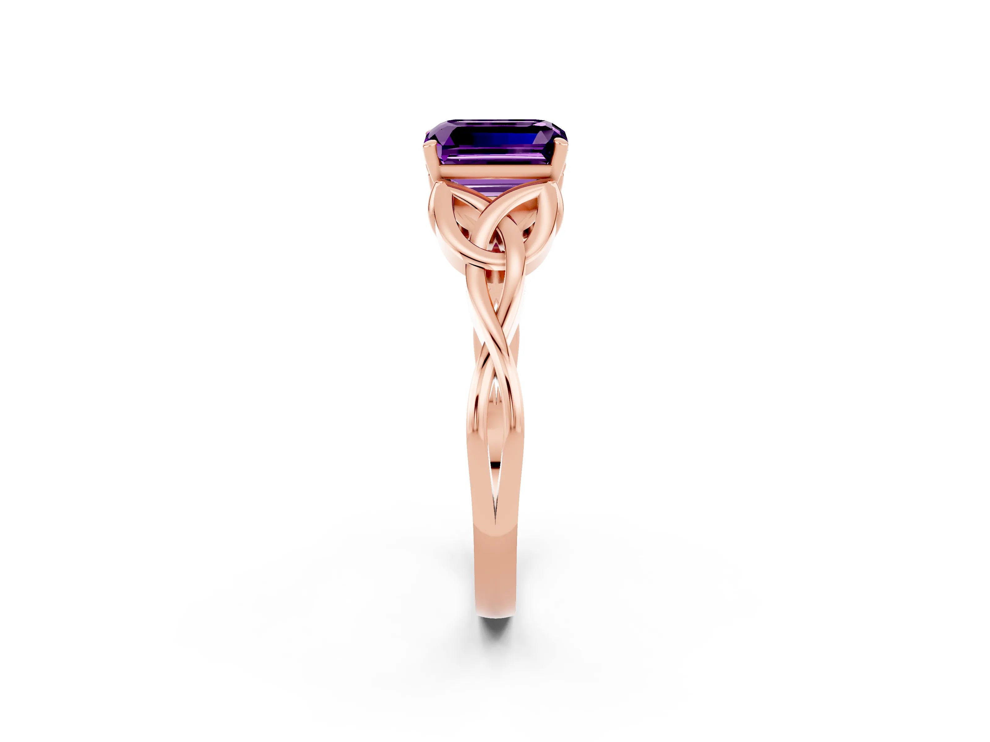 Rose gold Emerald Cut Amethyst Solitaire Engagement Ring with Celtic Knot Band and Four-Prong Setting_2