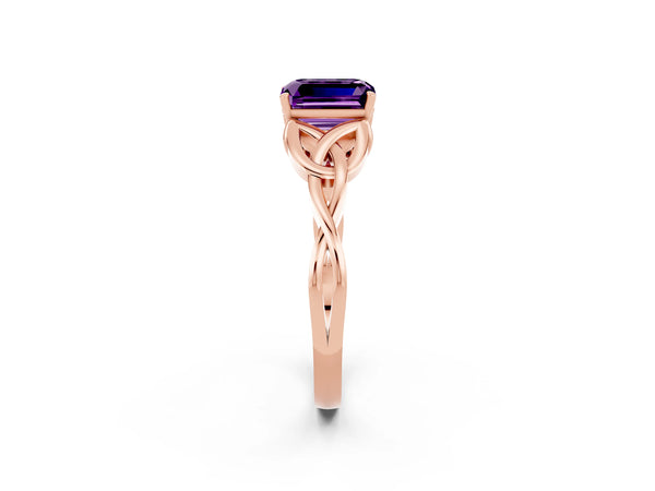 Rose gold Emerald Cut Amethyst Solitaire Engagement Ring with Celtic Knot Band and Four-Prong Setting