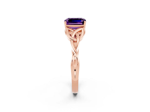 Rose gold Emerald Cut Amethyst Solitaire Engagement Ring with Celtic Knot Band and Four-Prong Setting_2