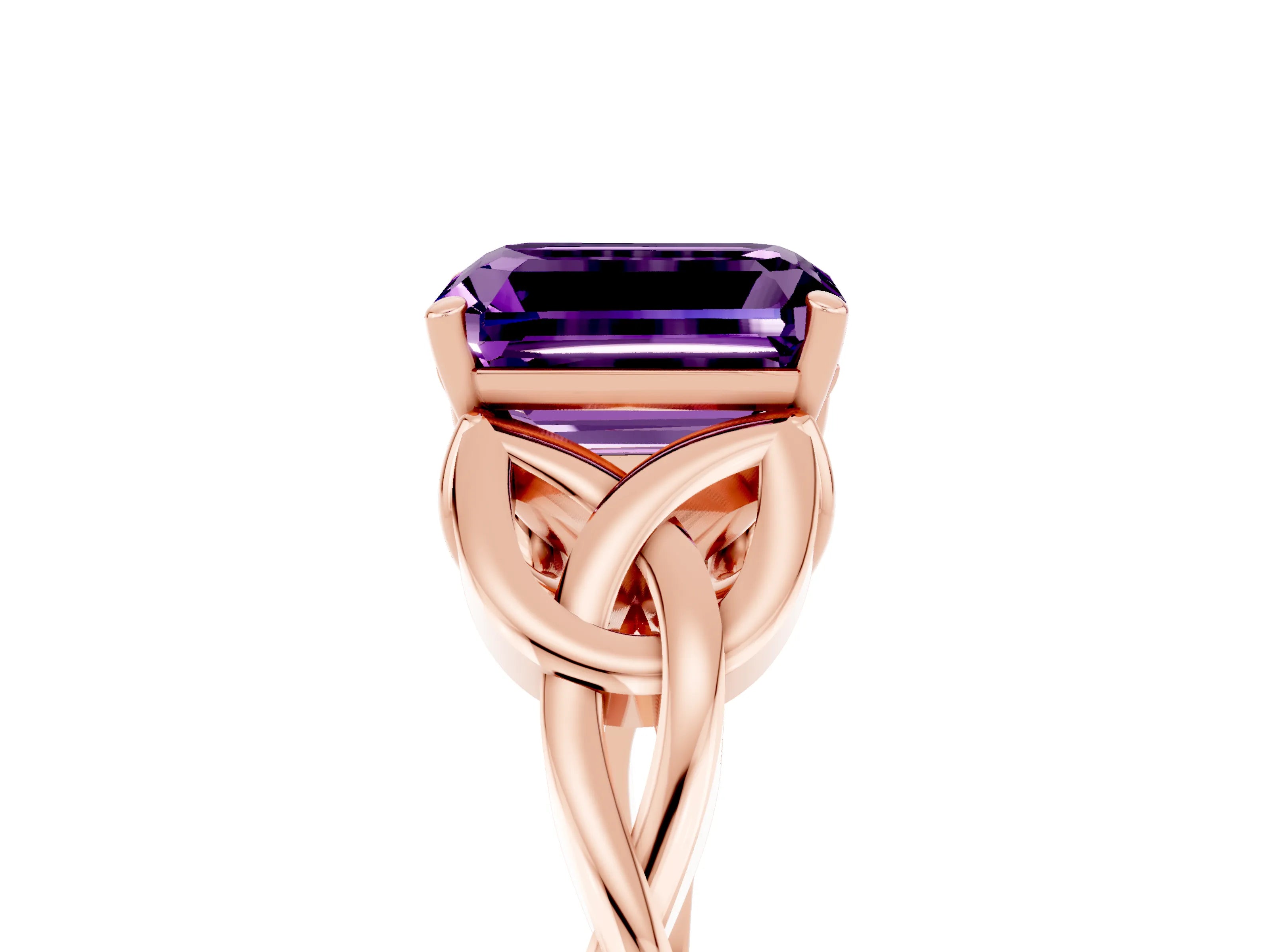 Rose gold Emerald Cut Amethyst Solitaire Engagement Ring with Celtic Knot Band and Four-Prong Setting_5