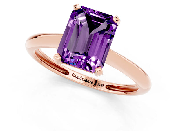 Rose gold Emerald Cut Amethyst Solitaire Engagement Ring with Classic Band and Four-Prong Setting