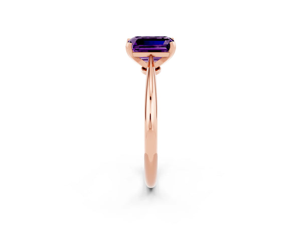 Rose gold Emerald Cut Amethyst Solitaire Engagement Ring with Classic Band and Four-Prong Setting