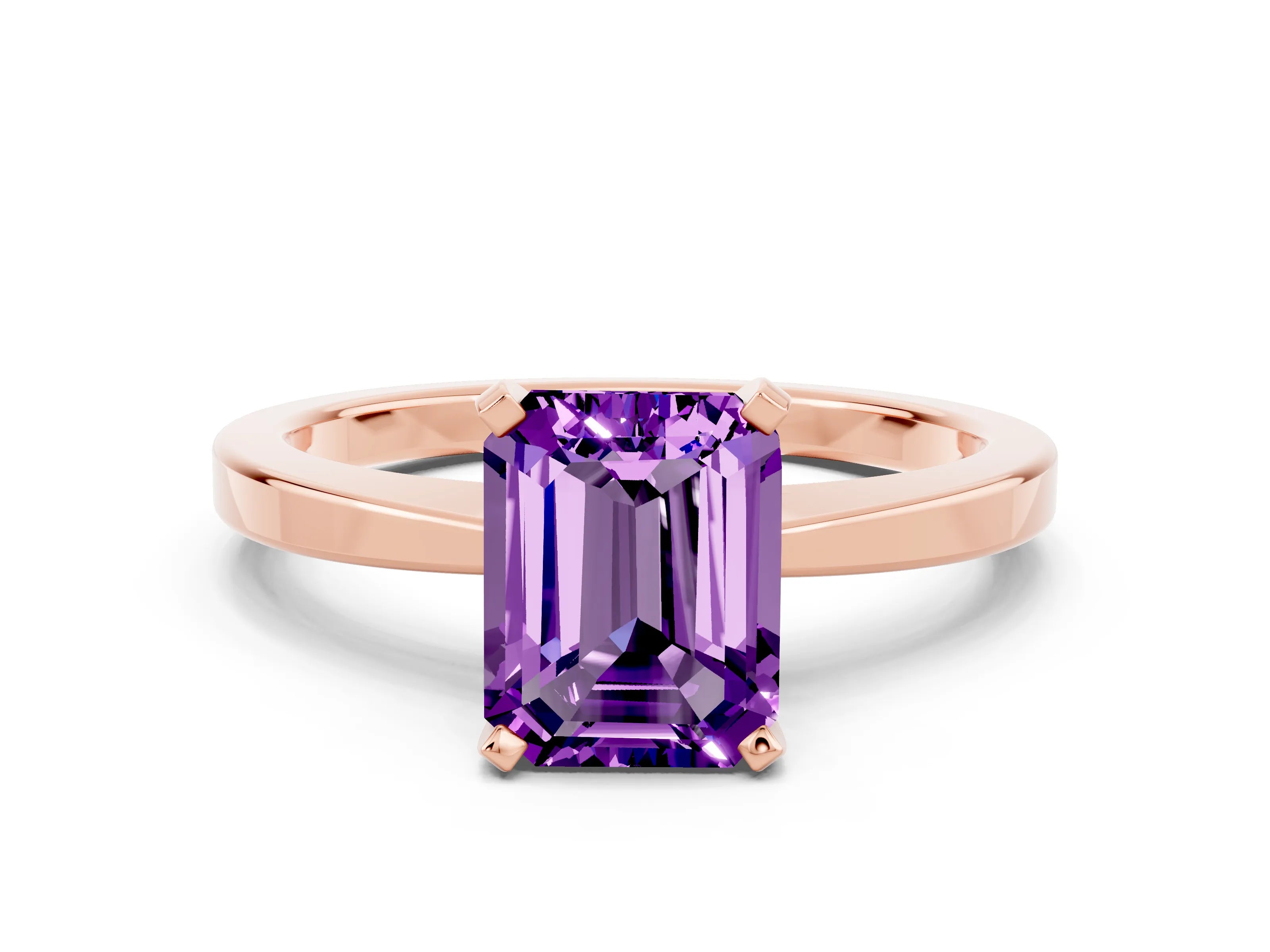 Rose gold Emerald Cut Amethyst Solitaire Engagement Ring with Classic Band and Four-Prong Setting_24