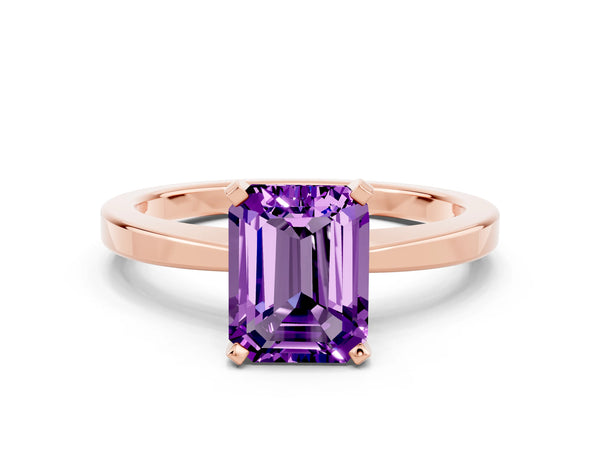 Rose gold Emerald Cut Amethyst Solitaire Engagement Ring with Classic Band and Four-Prong Setting