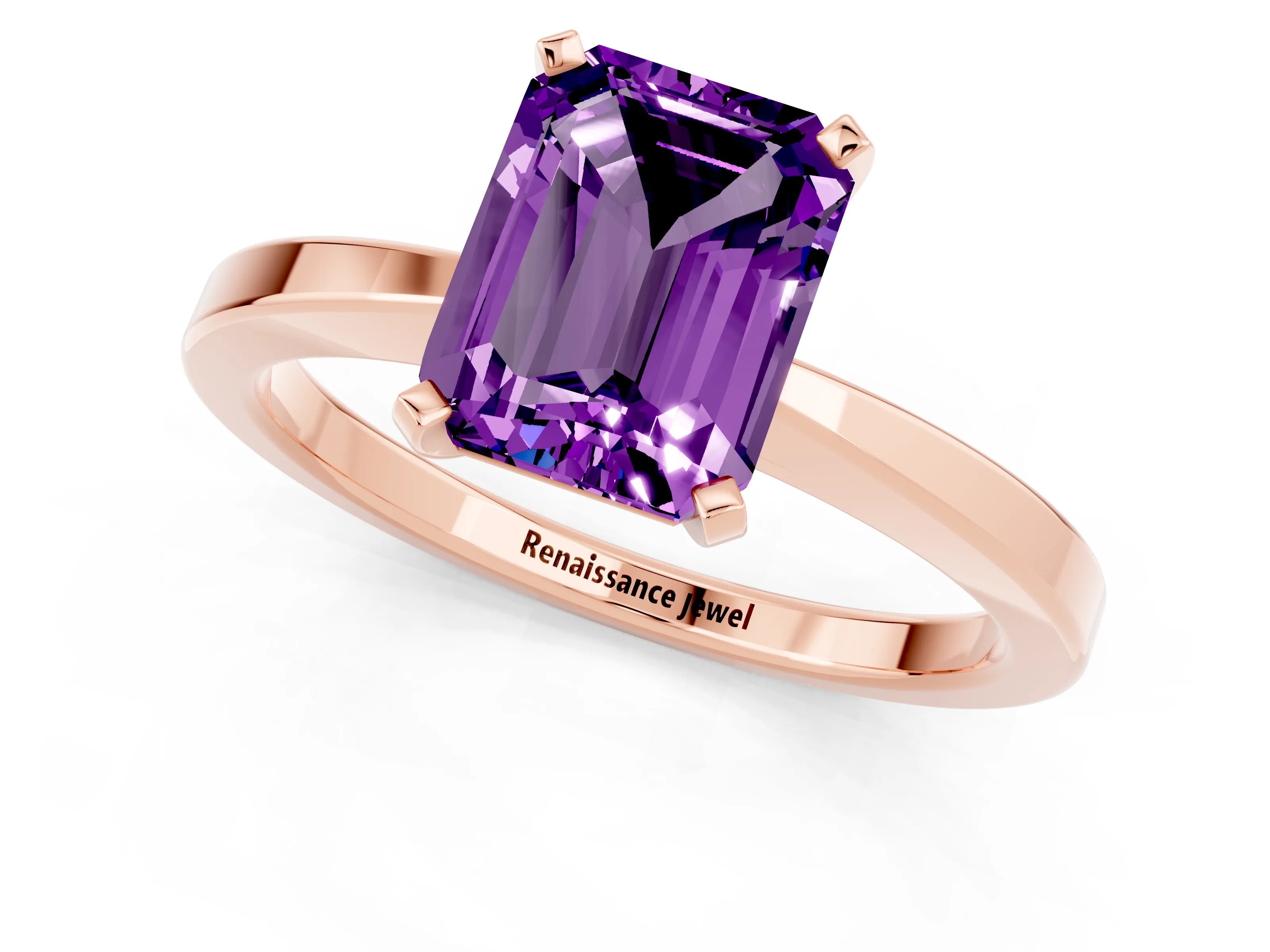 Rose gold Emerald Cut Amethyst Solitaire Engagement Ring with Classic Band and Four-Prong Setting_25