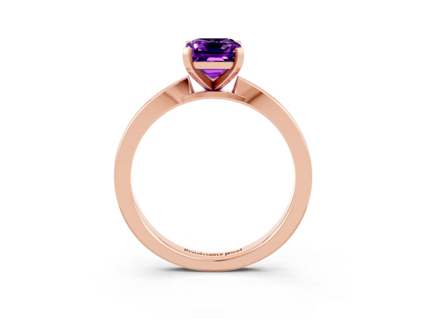 Rose gold Emerald Cut Amethyst Solitaire Engagement Ring with Classic Band and Four-Prong Setting