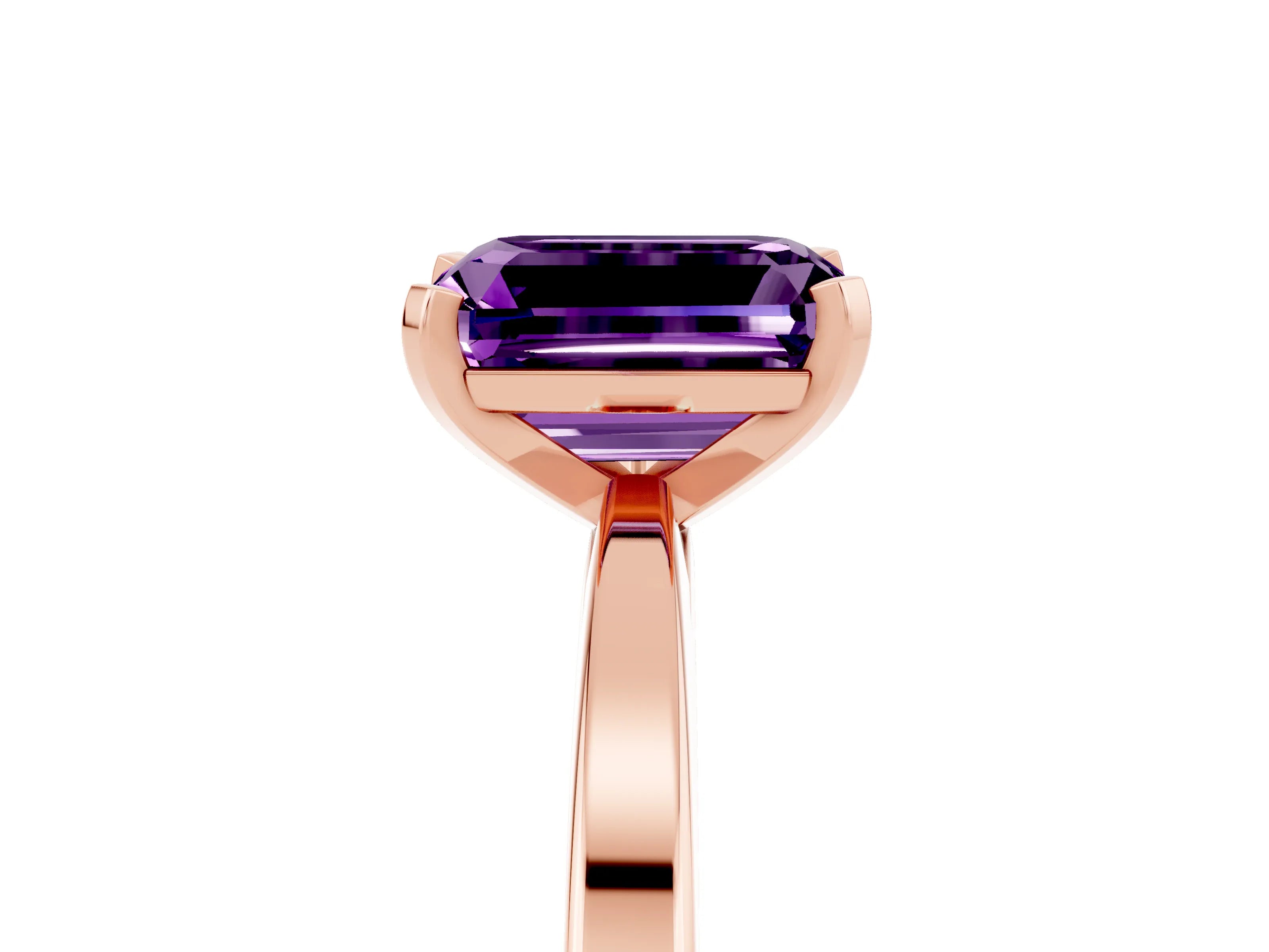 Rose gold Emerald Cut Amethyst Solitaire Engagement Ring with Classic Band and Four-Prong Setting_29