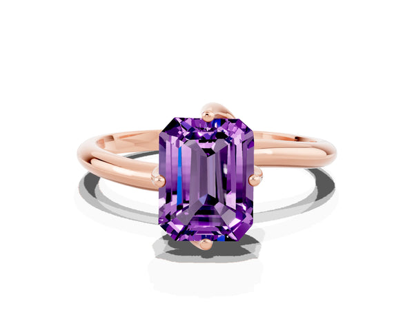 Rose gold Emerald Cut Amethyst Solitaire Engagement Ring with Four-Prong Setting and Classic Band