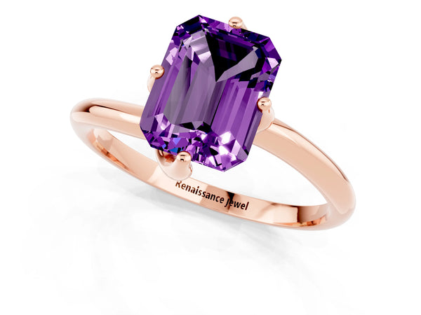 Rose gold Emerald Cut Amethyst Solitaire Engagement Ring with Four-Prong Setting and Classic Band